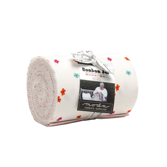 Moda's Bonbon Jar Dessert Roll by Jen Kingwell. 20 strips of cotton quilting fabric, 5 in x 45 in, SKU 18278DR