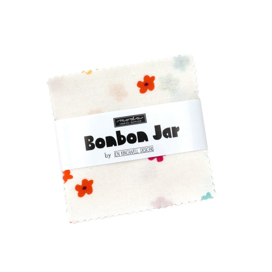 Moda's Bonbon Jar Mini Charm Pack by Jen Kingwell. 42 squares of cotton quilting fabric, 2.5 in x 2.5 in, SKU 18278MC