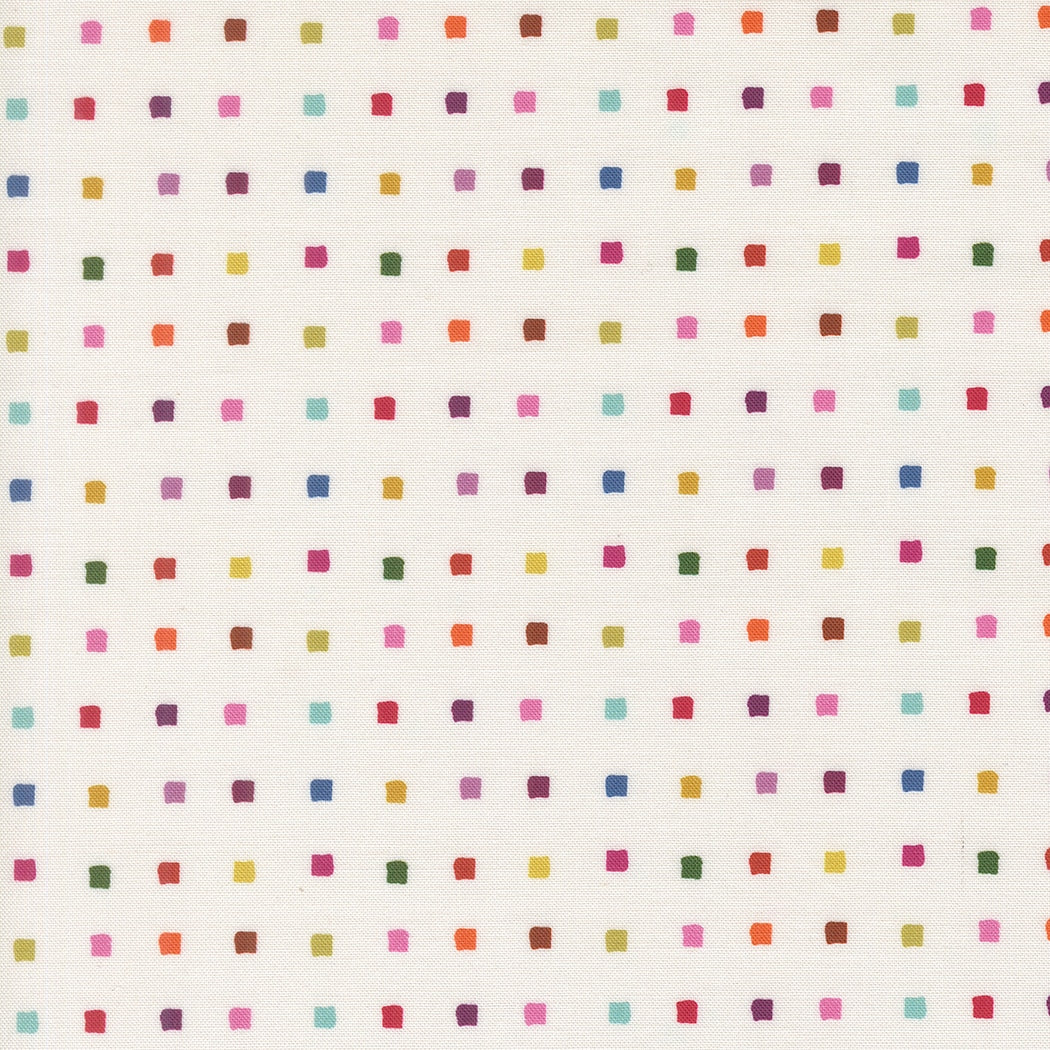 Small, evenly spaced multicolored square dots on ivory Moda's Bonbon Jar by Jen Kingwell cotton quilting fabric.