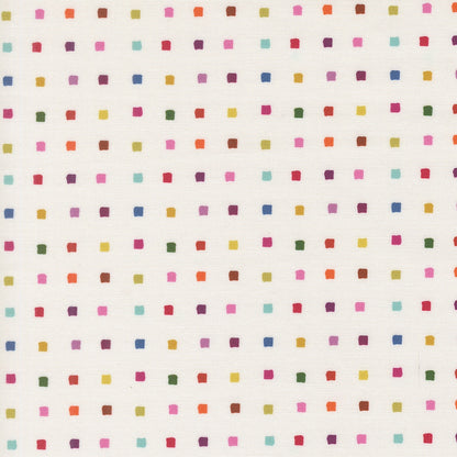 Small, evenly spaced multicolored square dots on ivory Moda's Bonbon Jar by Jen Kingwell cotton quilting fabric.