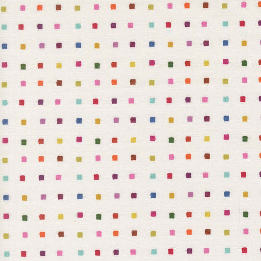 Small, evenly spaced multicolored square dots on ivory Moda's Bonbon Jar by Jen Kingwell cotton quilting fabric.