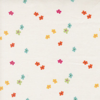Moda's small colorful flowers in fuchsia, orange, aqua, lime, and lemon on ivory Bonbon Jar by Jen Kingwell cotton quilting fabric.