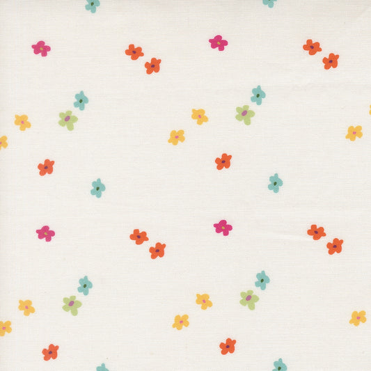 Moda's small colorful flowers in fuchsia, orange, aqua, lime, and lemon on ivory Bonbon Jar by Jen Kingwell cotton quilting fabric.