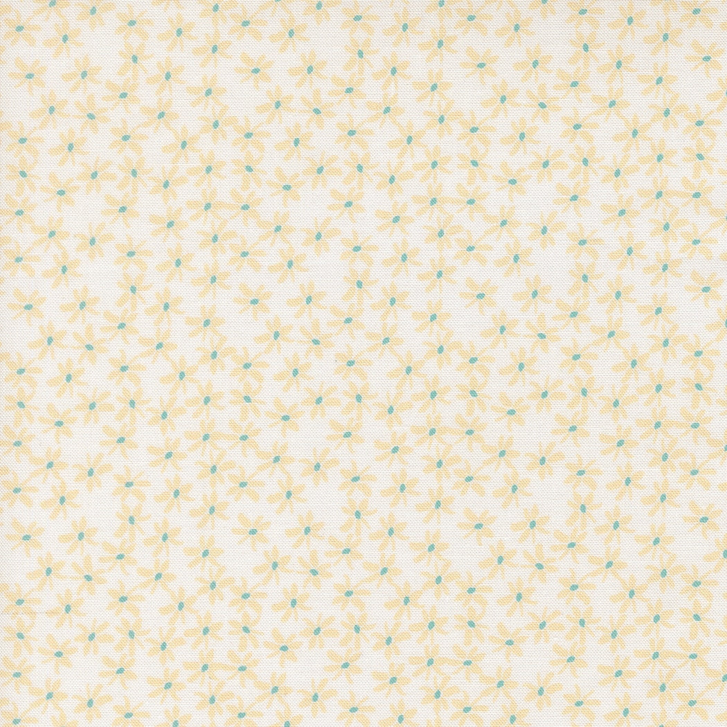 Moda's small yellow flowers with tiny aqua centers scattered on cream Bonbon Jar by Jen Kingwell cotton quilting fabric.