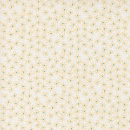 Moda's small yellow flowers with tiny aqua centers scattered on cream Bonbon Jar by Jen Kingwell cotton quilting fabric.