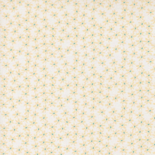 Moda's small yellow flowers with tiny aqua centers scattered on cream Bonbon Jar by Jen Kingwell cotton quilting fabric.