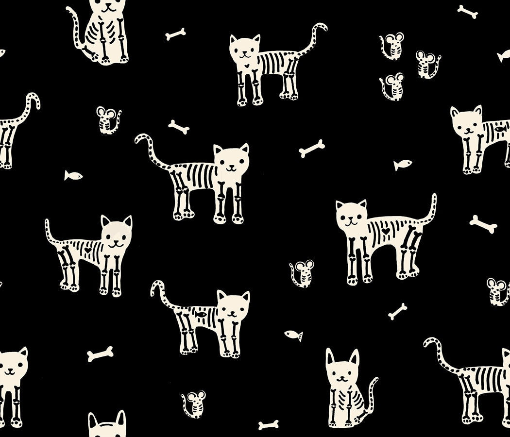 Halloween skeleton cats, mice, fish bones on black with cream. Boo Valley by Ruby Star Society's Alexia Abegg cotton quilting fabric.