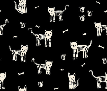 Halloween skeleton cats, mice, fish bones on black with cream. Boo Valley by Ruby Star Society's Alexia Abegg cotton quilting fabric.