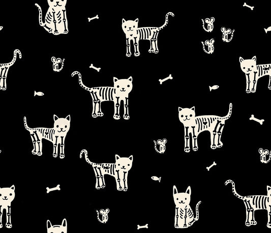 Halloween skeleton cats, mice, fish bones on black with cream. Boo Valley by Ruby Star Society's Alexia Abegg cotton quilting fabric.