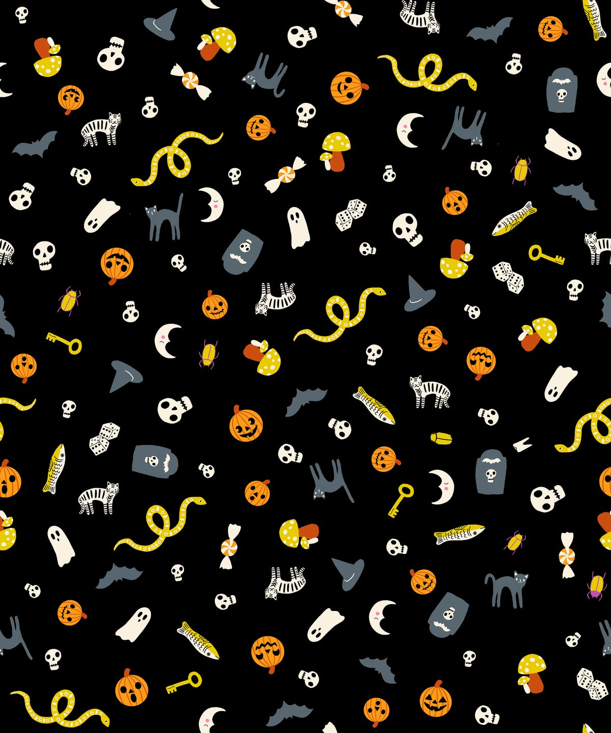 Halloween creatures and candies on black Boo Valley by Ruby Star Society's Alexia Abegg cotton quilting fabric with jack-o'-lanterns.