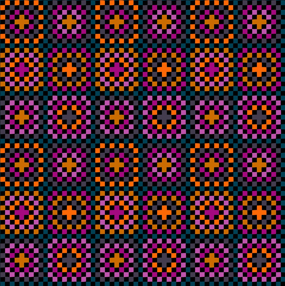 Black Boo Valley cotton quilting fabric by Ruby Star Society's Alexia Abegg, featuring pixelated geometric flower motifs and checkerboard bands.