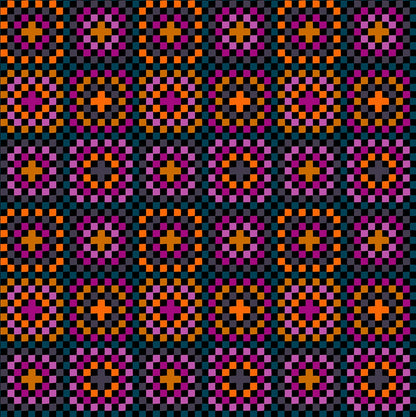 Black Boo Valley cotton quilting fabric by Ruby Star Society's Alexia Abegg, featuring pixelated geometric flower motifs and checkerboard bands.