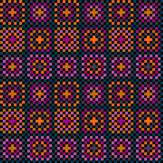 Black Boo Valley cotton quilting fabric by Ruby Star Society's Alexia Abegg, featuring pixelated geometric flower motifs and checkerboard bands.