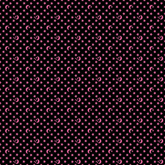 Pink moons and stars on black Boo Valley by Ruby Star Society's Alexia Abegg playful celestial nursery cotton quilting fabric