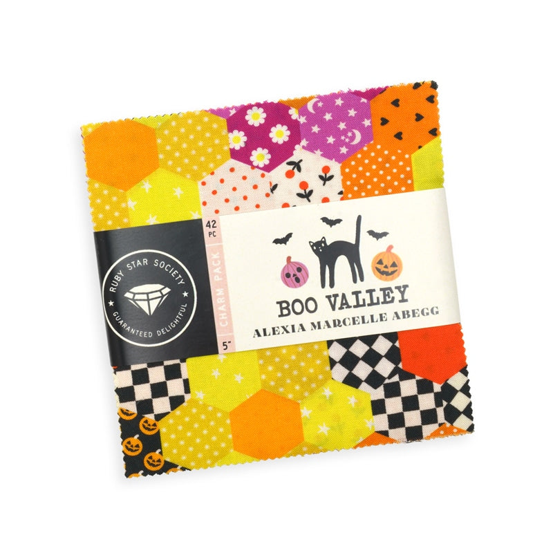 The Boo Valley Charm Pack by Ruby Star Society's Alexia Abegg. 42 squares of cotton quilting fabric, 5 in x 5 in, SKU RS4193PP