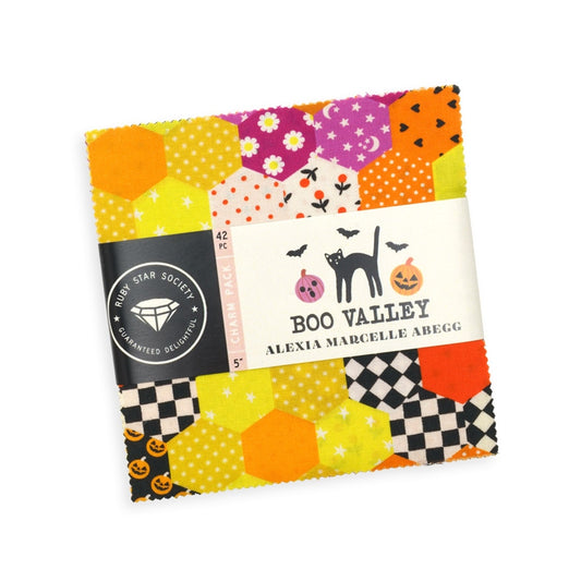 The Boo Valley Charm Pack by Ruby Star Society's Alexia Abegg. 42 squares of cotton quilting fabric, 5 in x 5 in, SKU RS4193PP