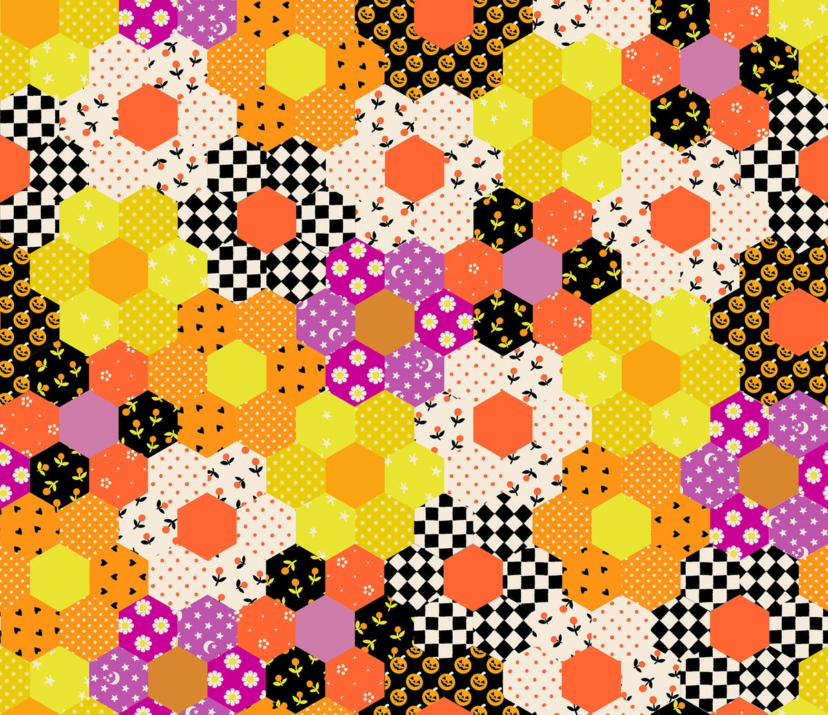 Halloween patchwork hexagons featuring jack-o'-lanterns, checkerboard, polka dots, stars, flowers. Boo Valley by Ruby Star Society's Alexia Abegg cotton quilting fabric.
