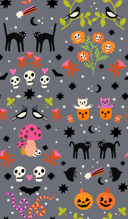 Halloween cats, pumpkins, and skulls cotton quilting fabric, Boo Valley by Ruby Star Society's Alexia Abegg. Features bats, snakes, mushrooms on gray.
