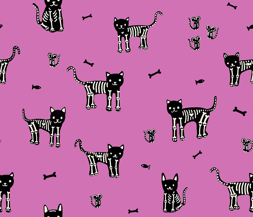 Moda's Halloween skeleton cats, mice, bones, and fish on heliotrope Boo Valley by Ruby Star Society's Alexia Abegg cotton quilting fabric.