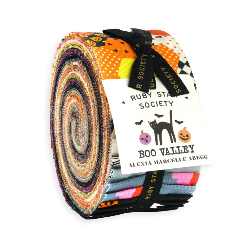 The Boo Valley Jelly Roll by Ruby Star Society's Alexia Abegg. 40 strips of 100% cotton quilting fabric. SKU RS4193JR.