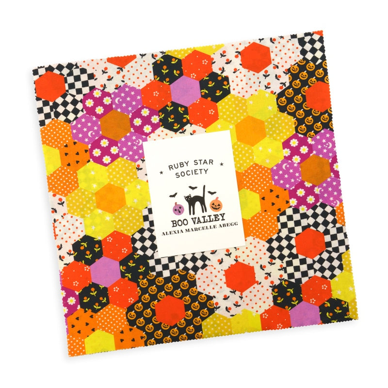 Boo Valley Layer Cake by Ruby Star Society's Alexia Abegg. 42 squares of cotton quilting fabric. SKU RS4193LC.