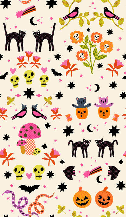 Moda's Halloween cats, pumpkins, skulls, bats, mushrooms in pink, yellow, orange on natural Boo Valley by Ruby Star Society's Alexia Abegg cotton quilting fabric.