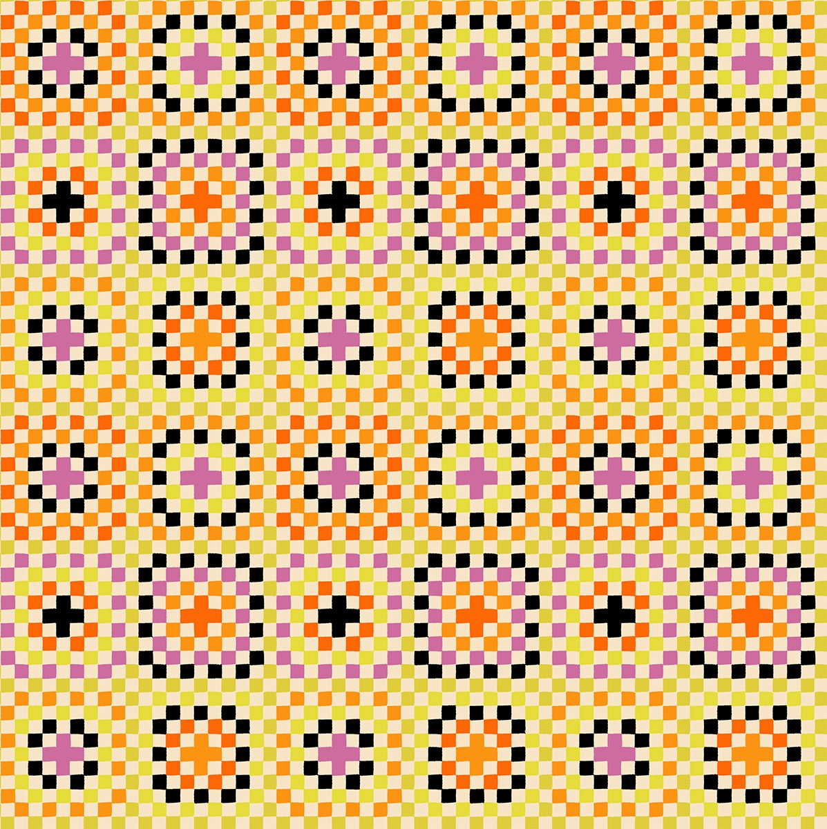 Pixelated geometric squares with pale yellow, bright orange, and lavender on natural Boo Valley by Ruby Star Society's Alexia Abegg cotton quilting fabric.
