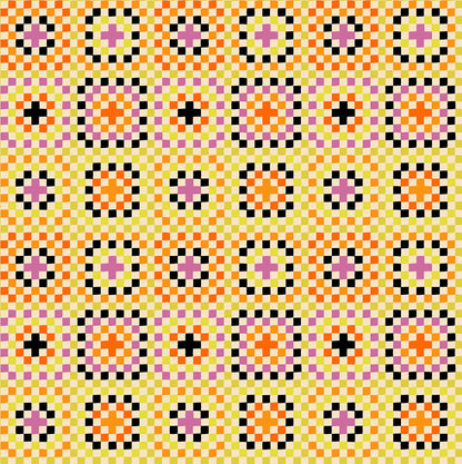 Pixelated geometric squares with pale yellow, bright orange, and lavender on natural Boo Valley by Ruby Star Society's Alexia Abegg cotton quilting fabric.