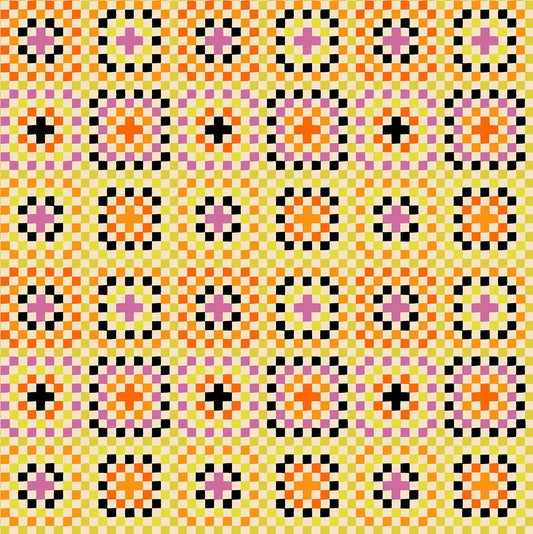 Pixelated geometric squares with pale yellow, bright orange, and lavender on natural Boo Valley by Ruby Star Society's Alexia Abegg cotton quilting fabric.