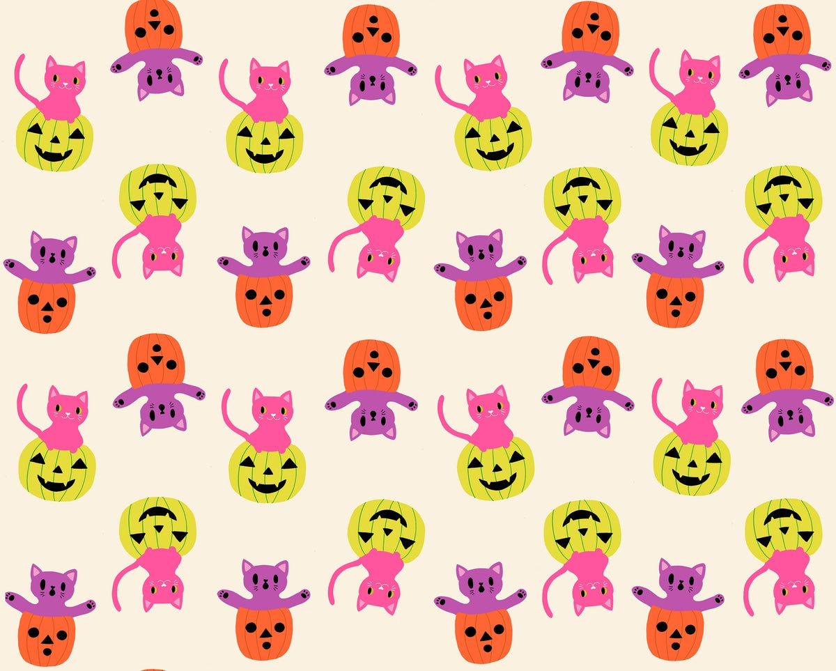 Halloween cats and pumpkins on natural cream cotton quilting fabric. Boo Valley by Ruby Star Society's Alexia Abegg, hot pink and bright purple.