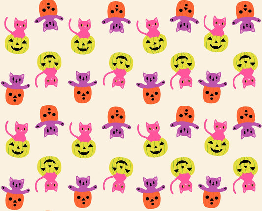 Halloween cats and pumpkins on natural cream cotton quilting fabric. Boo Valley by Ruby Star Society's Alexia Abegg, hot pink and bright purple.