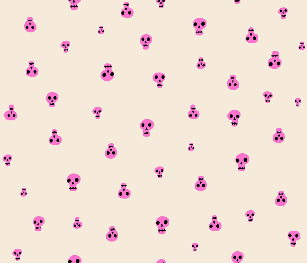 Neon pink scattered skulls with black details on cream Halloween cotton quilting fabric. Boo Valley by Ruby Star Society's Alexia Abegg.