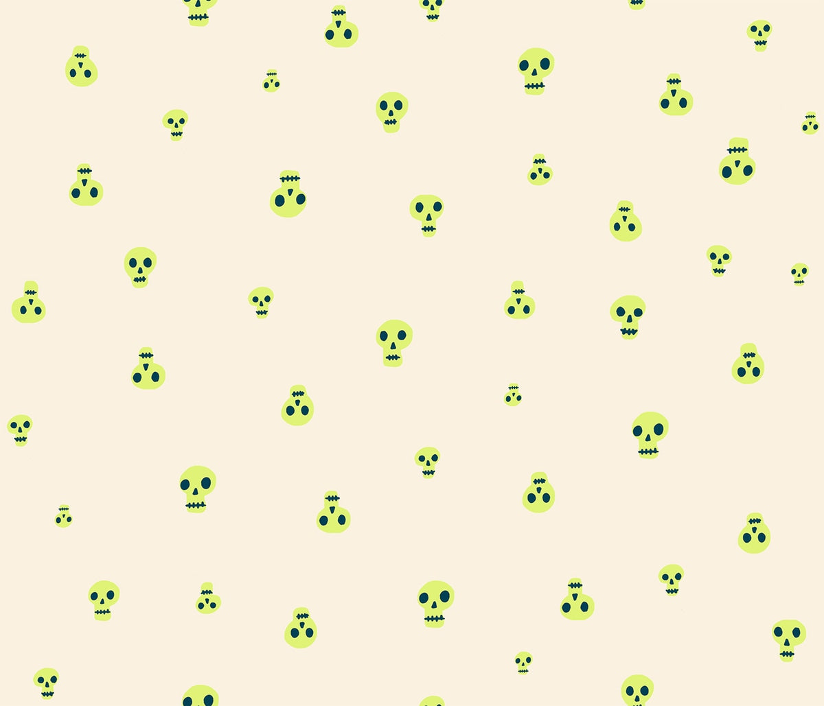 Halloween skulls in neon yellow with dark navy blue features on ivory cream. Boo Valley by Ruby Star Society's Alexia Abegg cotton quilting fabric.