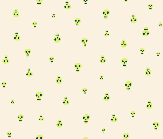 Halloween skulls in neon yellow with dark navy blue features on ivory cream. Boo Valley by Ruby Star Society's Alexia Abegg cotton quilting fabric.