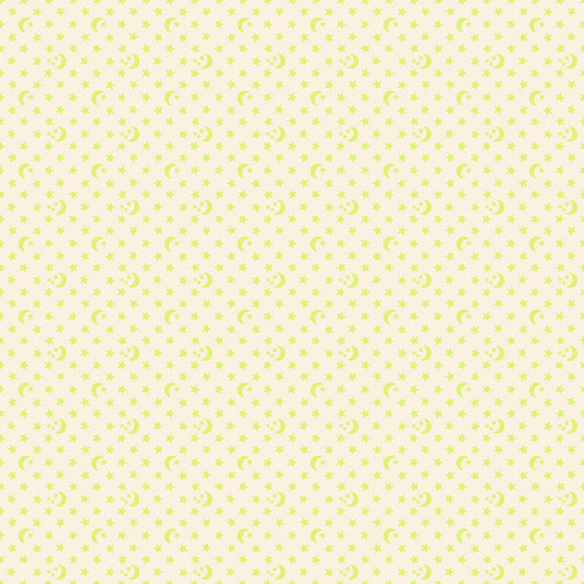 Moda's neon yellow stars and moons on pale cream Boo Valley by Ruby Star Society's Alexia Abegg cotton quilting fabric.