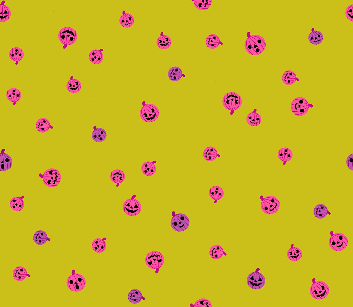 Halloween jack-o'-lanterns in fuchsia pink & purple scattered on pistachio Boo Valley by Ruby Star Society's Alexia Abegg cotton quilting fabric.