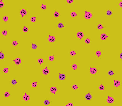 Halloween jack-o'-lanterns in fuchsia pink & purple scattered on pistachio Boo Valley by Ruby Star Society's Alexia Abegg cotton quilting fabric.