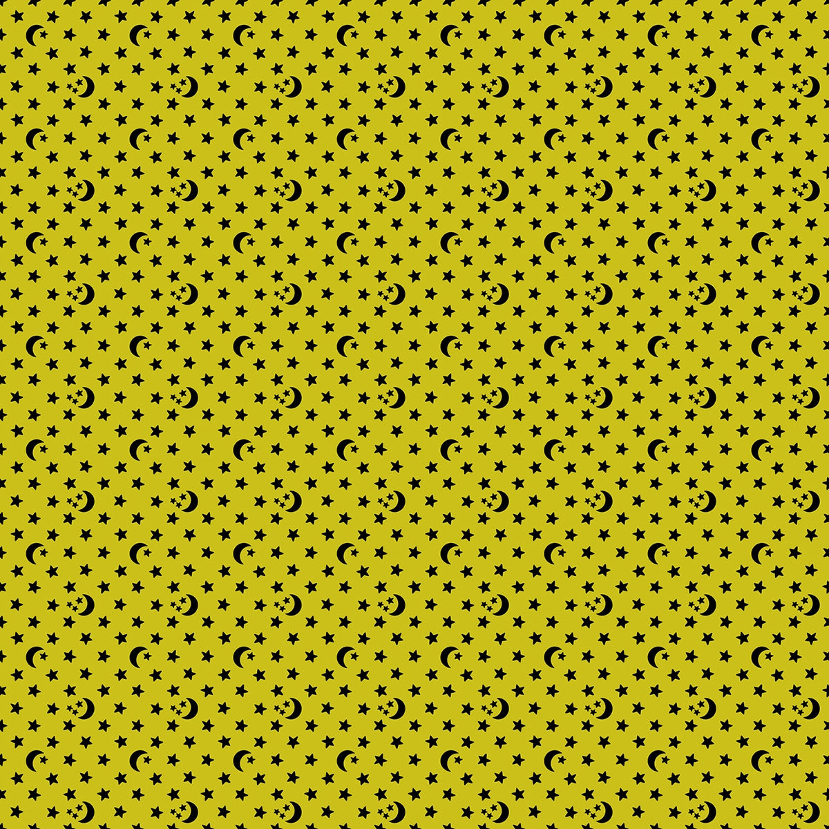 Moda's small black celestial stars and moons scattered on pistachio green Boo Valley by Ruby Star Society's Alexia Abegg cotton quilting fabric.