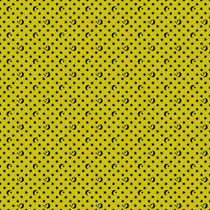Moda's small black celestial stars and moons scattered on pistachio green Boo Valley by Ruby Star Society's Alexia Abegg cotton quilting fabric.
