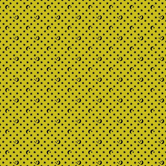 Moda's small black celestial stars and moons scattered on pistachio green Boo Valley by Ruby Star Society's Alexia Abegg cotton quilting fabric.