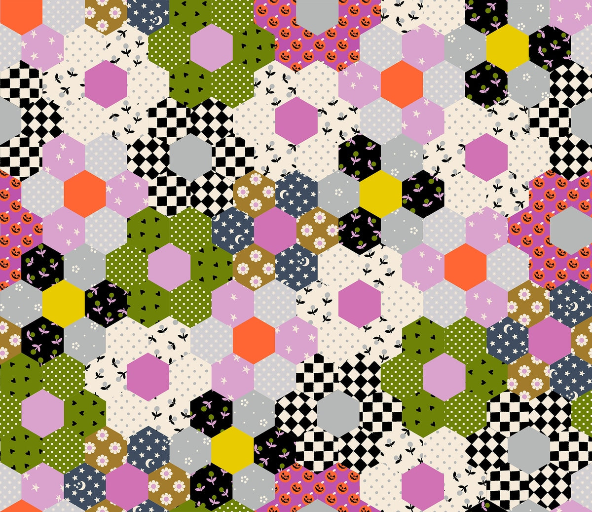Halloween hexagon patchwork Boo Valley by Ruby Star Society's Alexia Abegg cotton quilting fabric, with pumpkins, stars, and polka dots on cream and olive green.