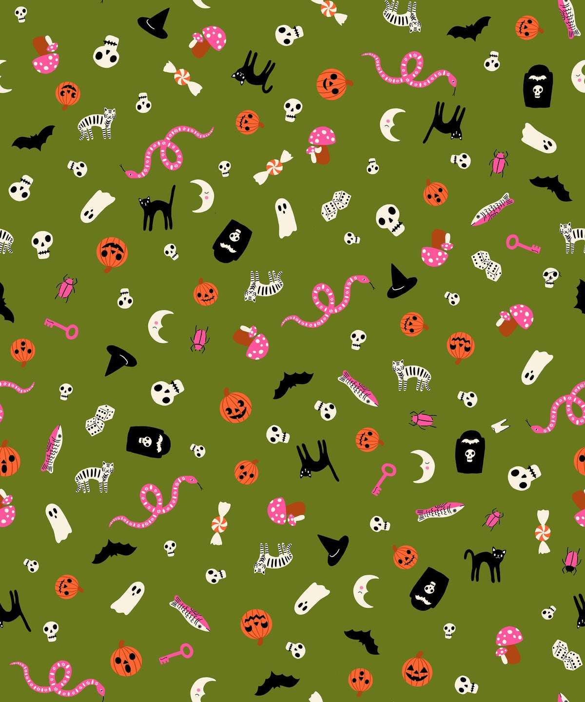 Whimsical Halloween icons on sprout green cotton quilting fabric from Boo Valley by Ruby Star Society's Alexia Abegg, featuring skulls, ghosts, jack-o'-lanterns, black cats, bats, pink snakes.