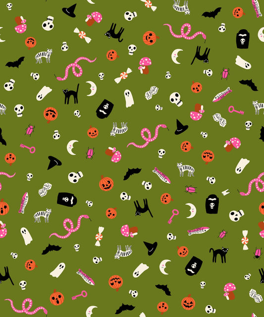 Whimsical Halloween icons on sprout green cotton quilting fabric from Boo Valley by Ruby Star Society's Alexia Abegg, featuring skulls, ghosts, jack-o'-lanterns, black cats, bats, pink snakes.
