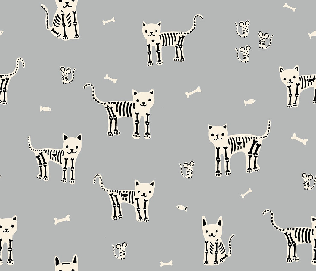 Halloween skeletal cats, mice, and fish bones on steel gray Boo Valley by Ruby Star Society's Alexia Abegg cotton quilting fabric.