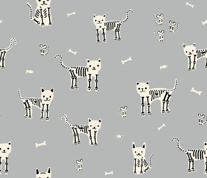 Halloween skeletal cats, mice, and fish bones on steel gray Boo Valley by Ruby Star Society's Alexia Abegg cotton quilting fabric.