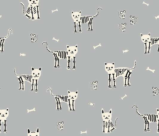 Halloween skeletal cats, mice, and fish bones on steel gray Boo Valley by Ruby Star Society's Alexia Abegg cotton quilting fabric.