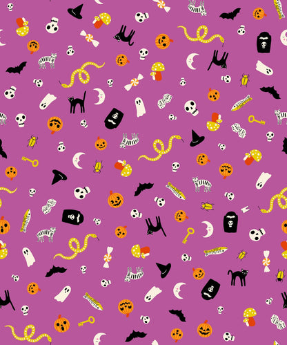 Witchy purple cotton quilting fabric with scattered Halloween motifs like jack-o'-lanterns, skulls, black cats, and ghosts. Boo Valley by Ruby Star Society's Alexia Abegg.