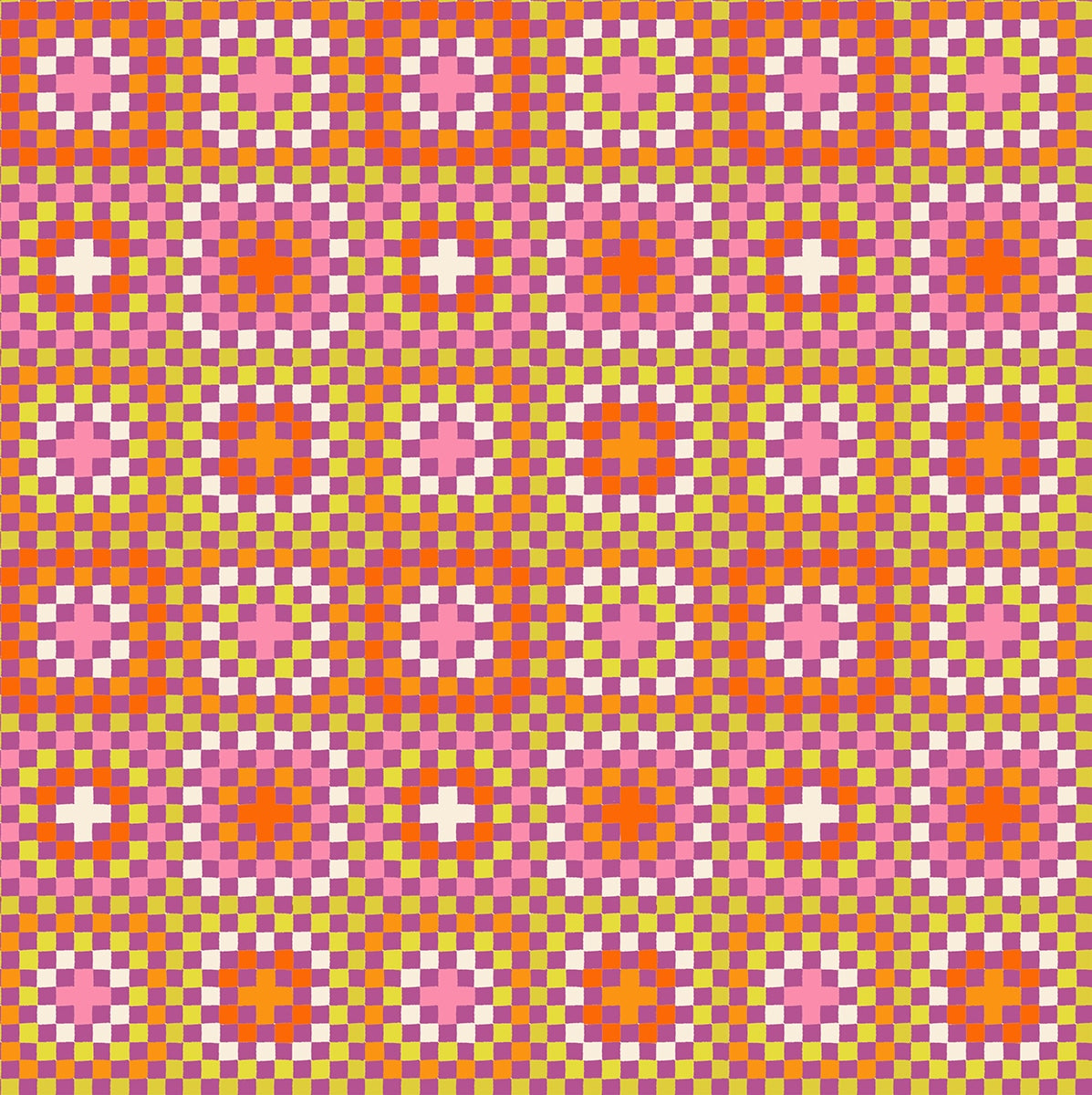 Vibrant pixelated geometric pattern cotton quilting fabric with pink circles, orange crosses, on magenta & lime checkerboard. Boo Valley by Ruby Star Society's Alexia Abegg.