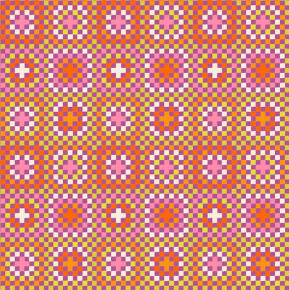 Vibrant pixelated geometric pattern cotton quilting fabric with pink circles, orange crosses, on magenta & lime checkerboard. Boo Valley by Ruby Star Society's Alexia Abegg.