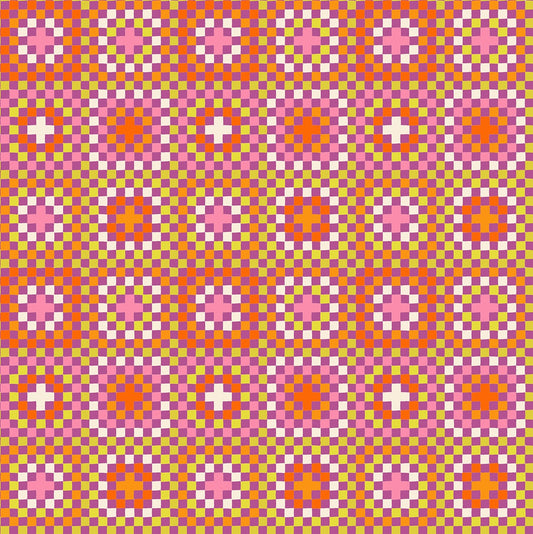 Vibrant pixelated geometric pattern cotton quilting fabric with pink circles, orange crosses, on magenta & lime checkerboard. Boo Valley by Ruby Star Society's Alexia Abegg.